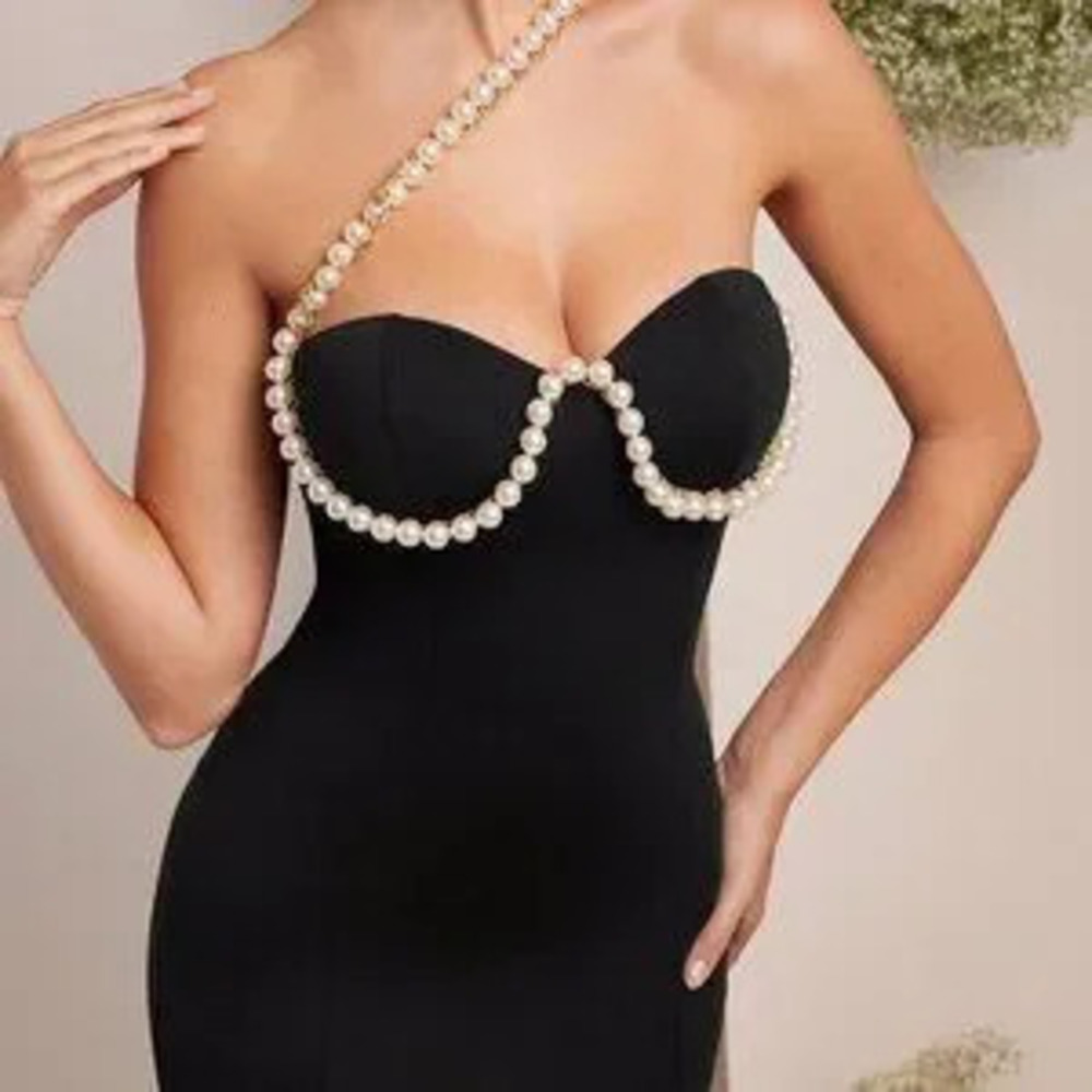 Black Elegant Women's Faux Pearl Embellished Bustier Mermaid Dress